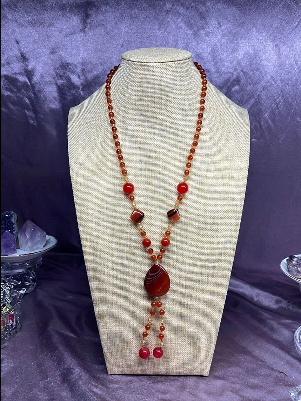 Natural Banded Agate and Carnelian Polished Beaded Necklace